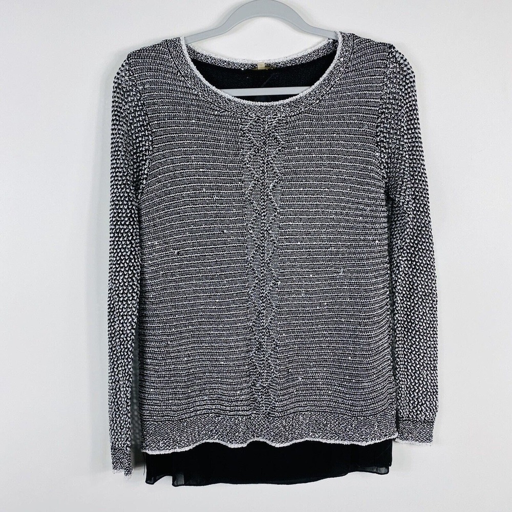Milano Size Small Open Knit Button Back Layered Look Long Sleeve Top Black White